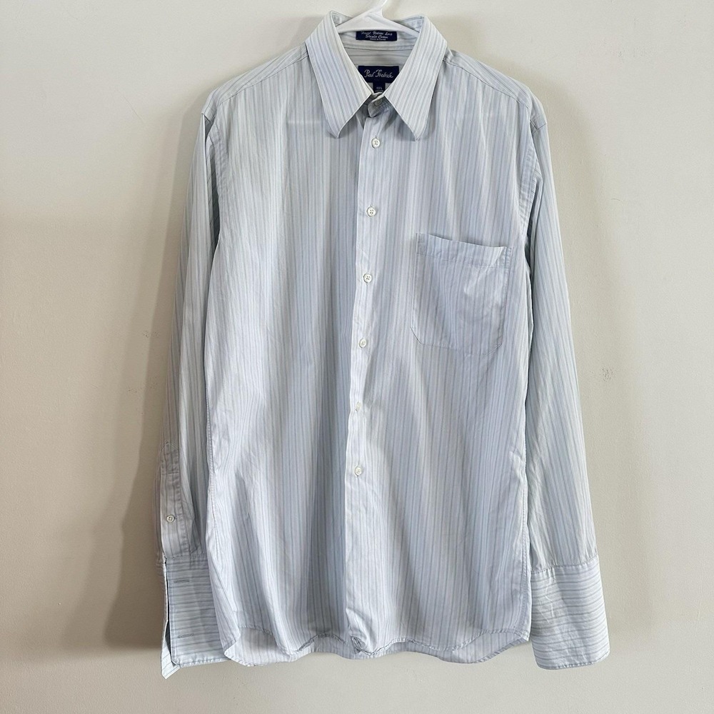 Men's Paul Fredrick Long Sleeve Button Up Blue Stripe Shirt 16-35 Italian Cotton